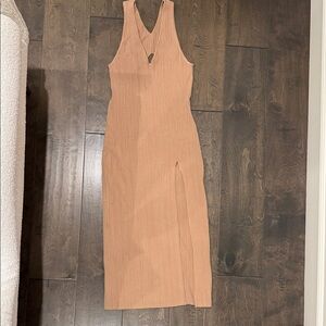 Michael Costello x Revolve ribbed tank dress with back cutout. Carmel tan color.